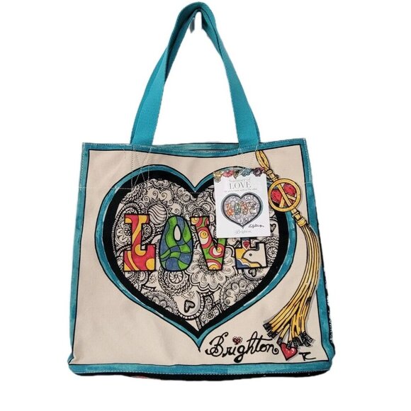 Brighton Tote Bag NWT Summer Of Love Heart Flowers Turquoise Ivory Polka Dot - Picture 1 of 4